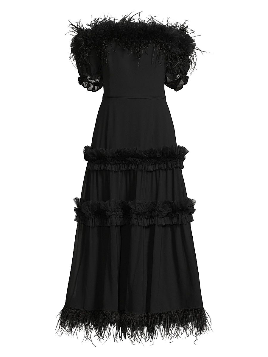 Women's Off-the-Shoulder Feather-Trim Maxi Dress - Black - Size 16