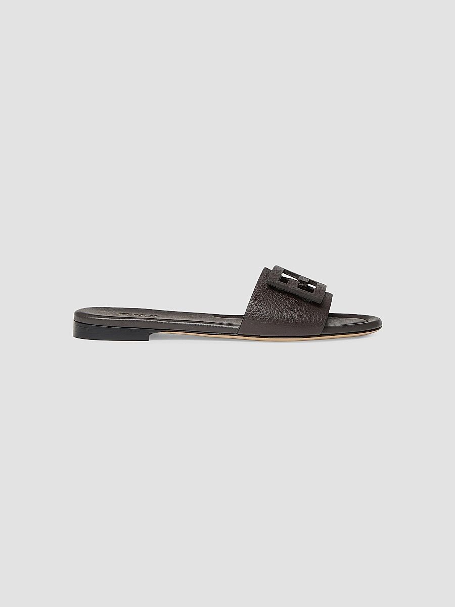 Women's FF Leather Flat Sandals - Real Ebano - Size 8