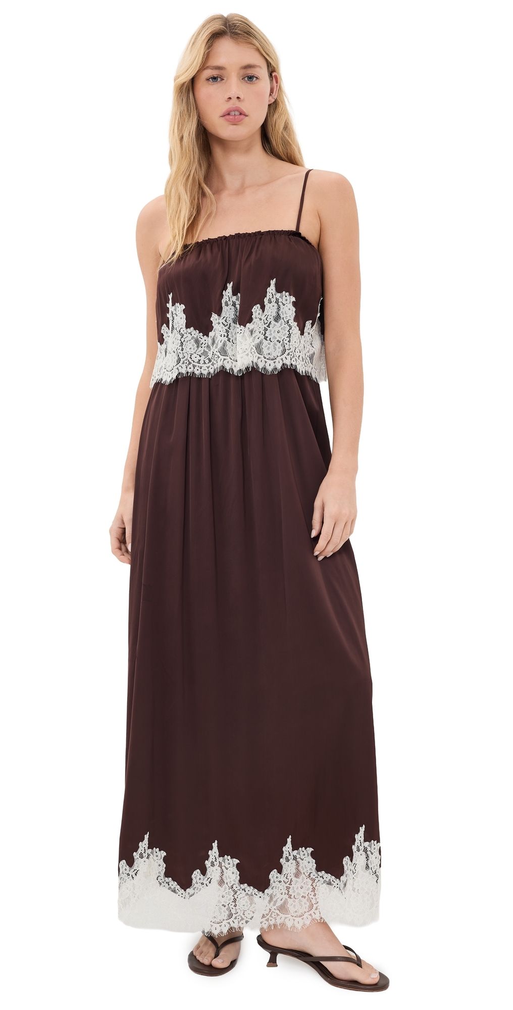 Show Me Your Mumu Emmylou Maxi Dress Chocolate Satin With Lace Trim M