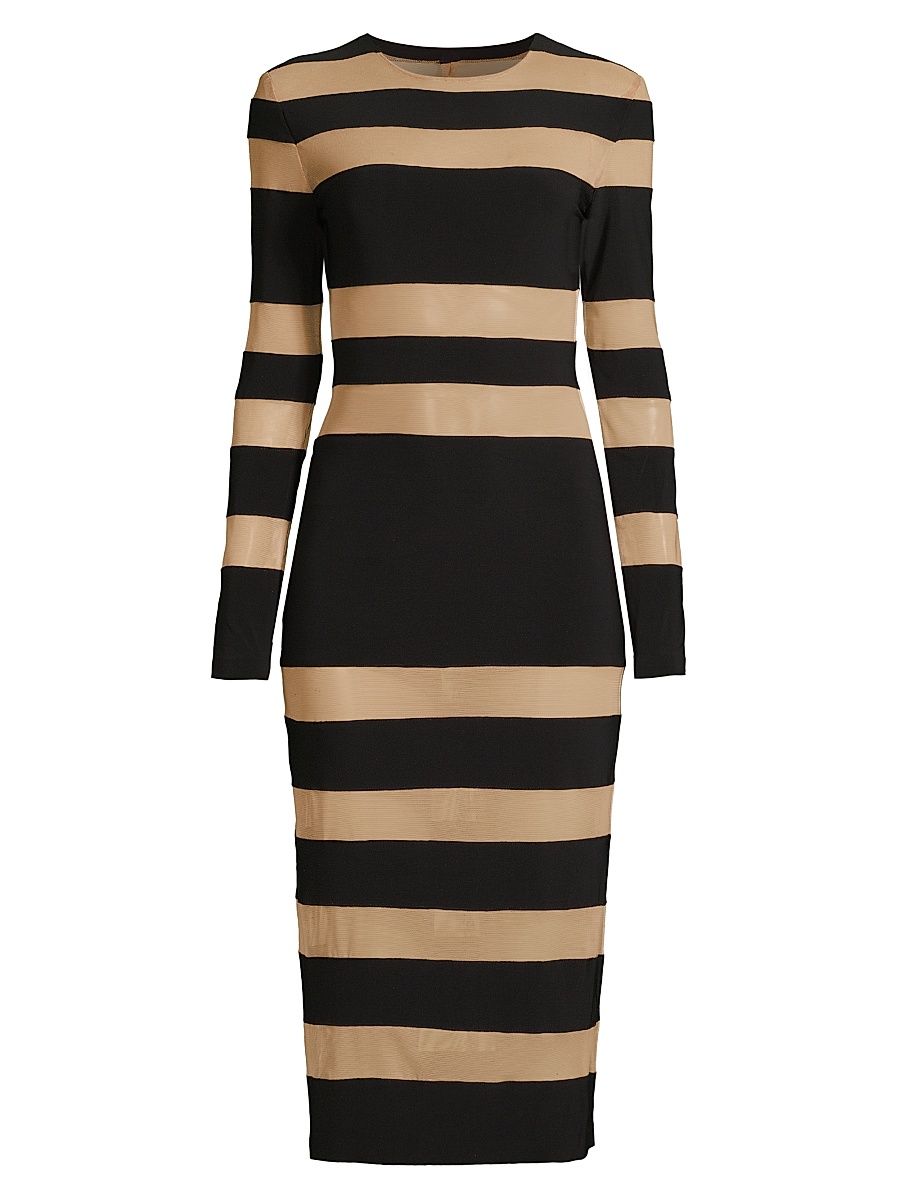 Women's Semi-Sheer Striped Midi-Dress - Black - Size XXS