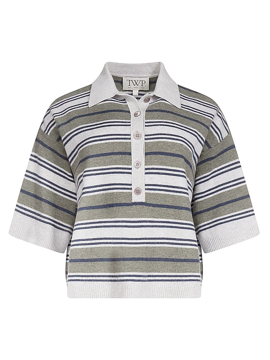 Women's Striped Cashmere Polo Shirt - Moss Night Sky Light - Size XS