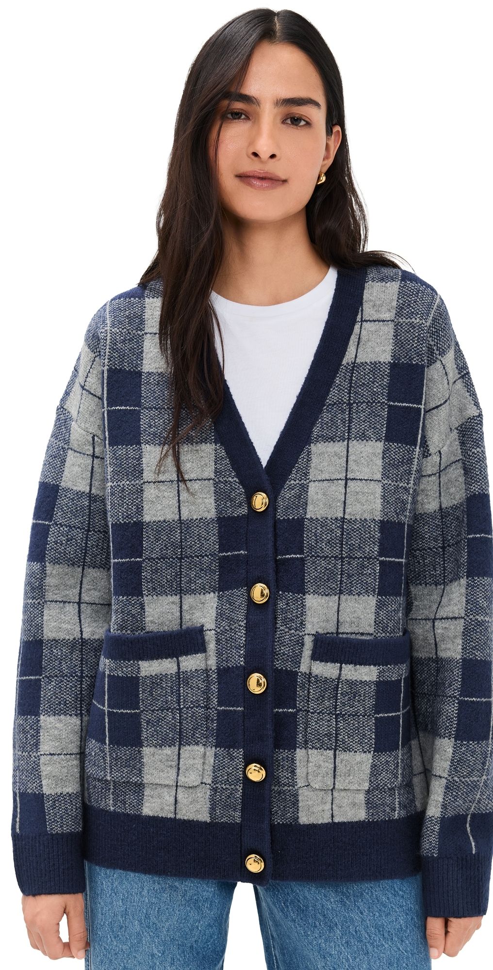 English Factory Check Cardigan Navy/Grey L