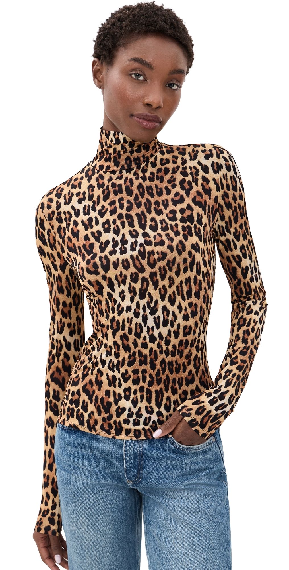 ALICE + OLIVIA Delaina Turtleneck Top Spotted Leopard XS
