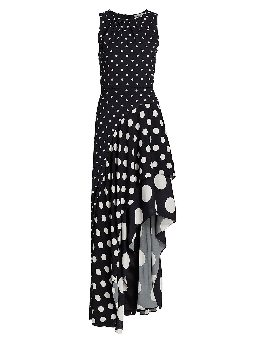 Women's Spencer Polka Dot Asymmetric Ruffle Maxi Dress - Black White - Size 12
