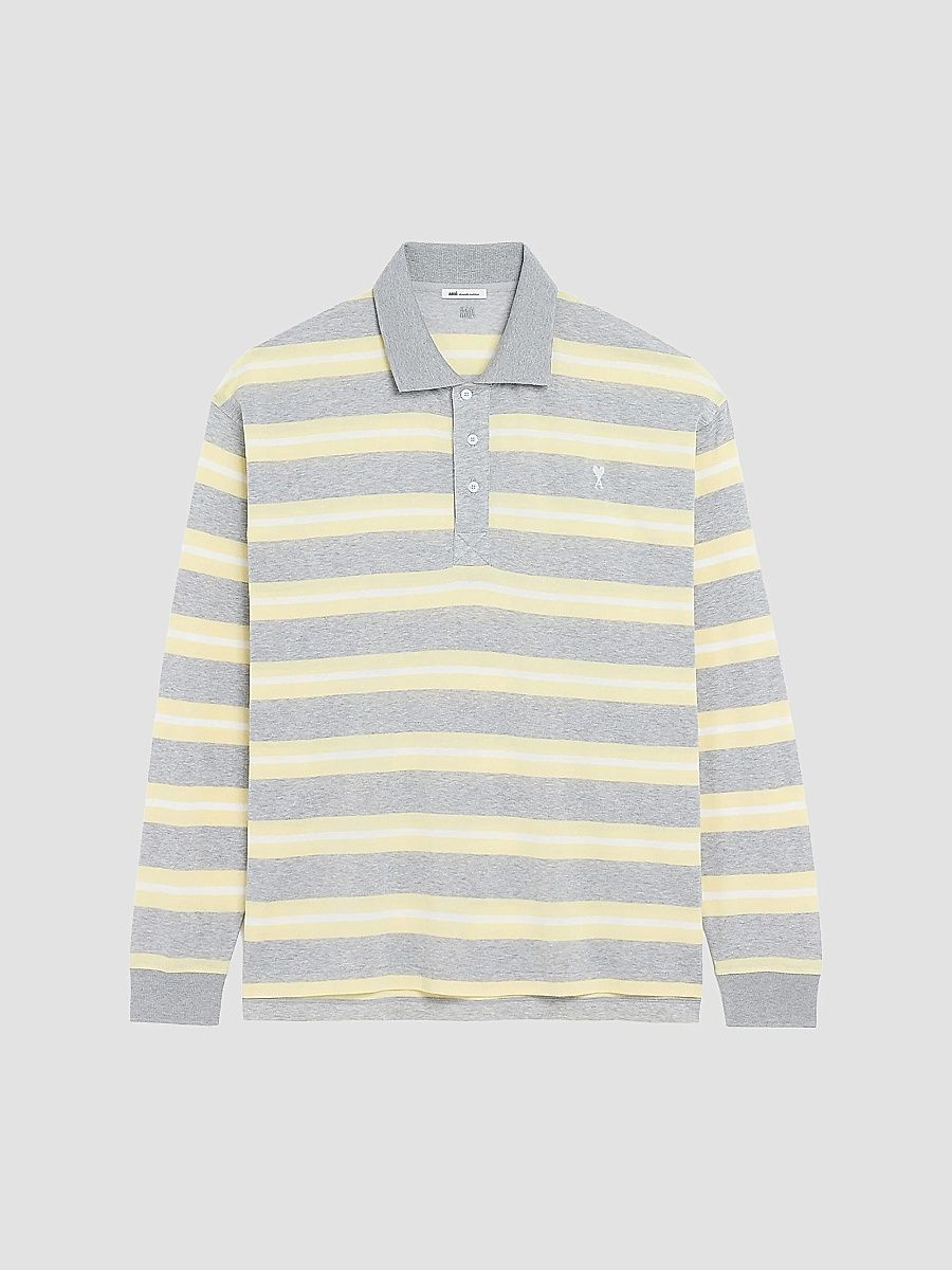 AMI Paris Men's Ami de Coeur Striped Polo Shirt - Gris Chine Jaune Blanc - Size XXL