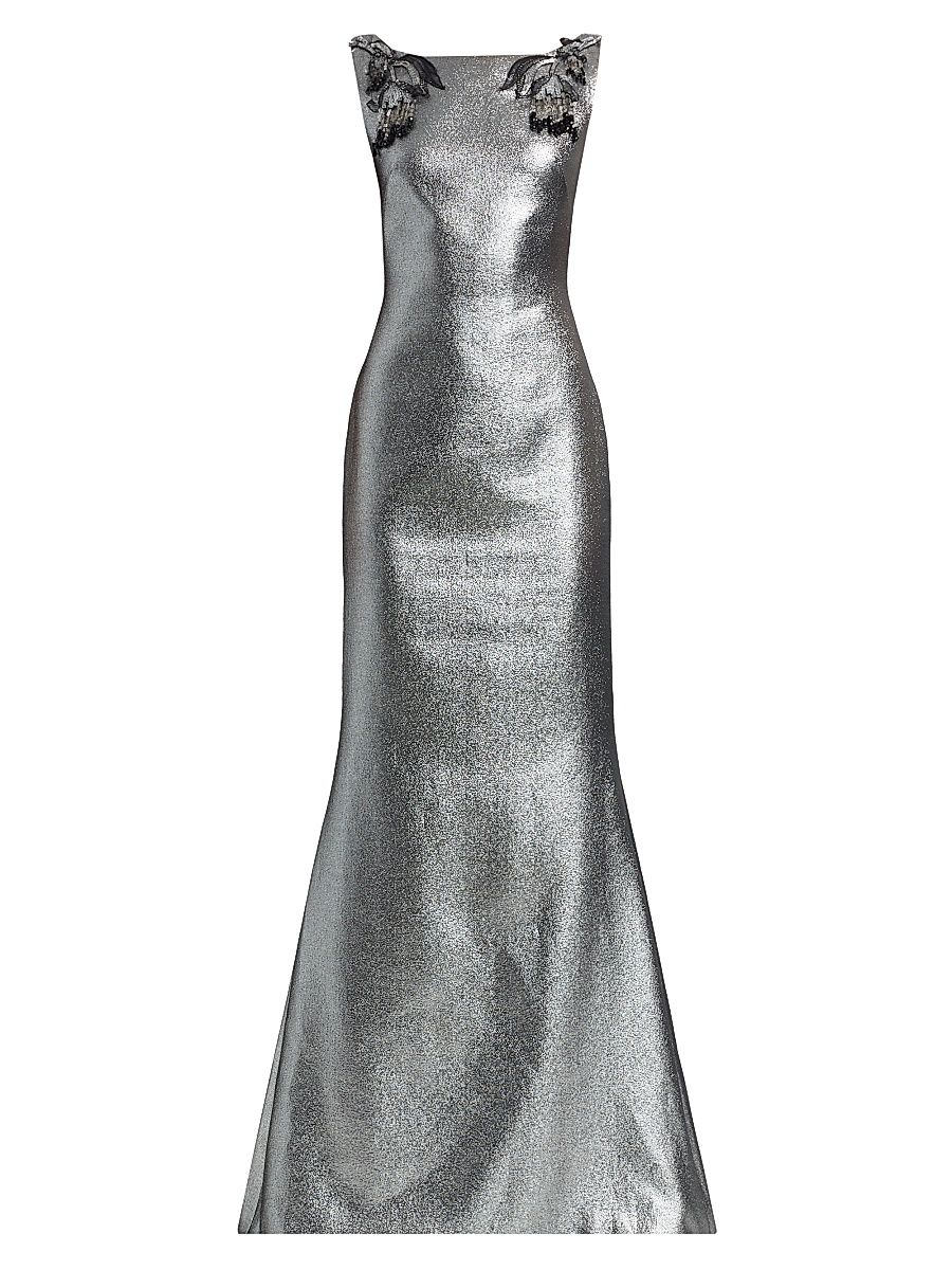 Women's Sabina Metallic-Lame Sleeveless Gown - Silver - Size 2