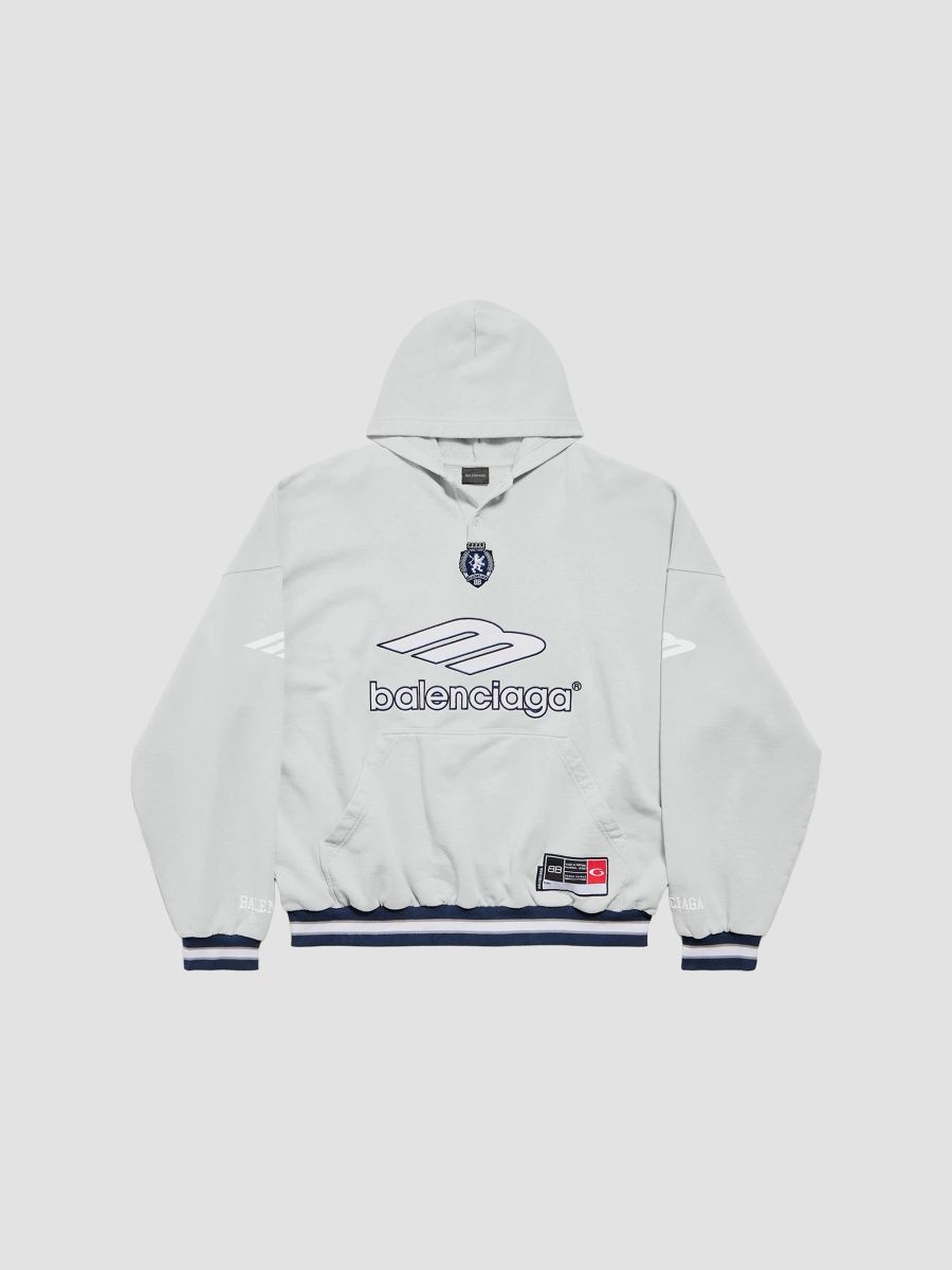 Balenciaga Men's 3B Football Polo Hoodie - Grey White - Size XXL