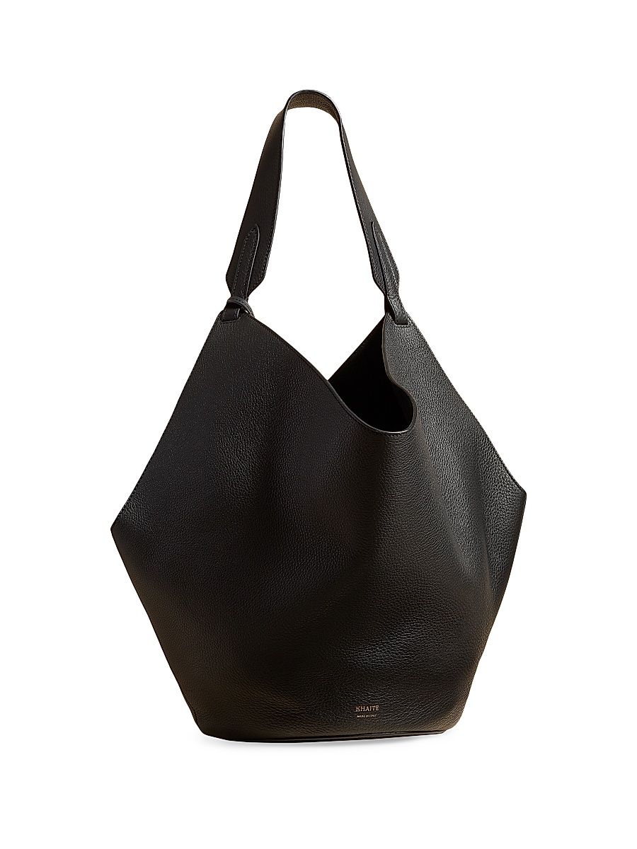 Women's Medium Lotus Pebbled Leather Tote Bag - Black