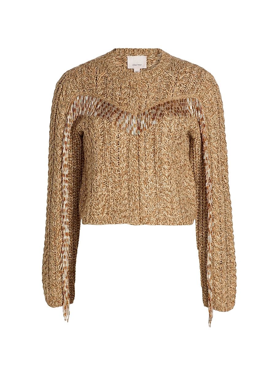 Women's Lisabeth Bugle-Fringed Knit Cardigan - Oatmeal Multi - Size XL