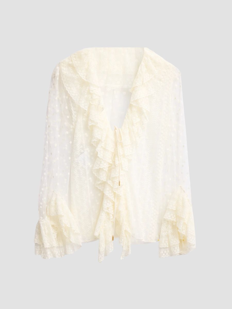 Alberta Ferretti Women's Dot-Embroidered Tulle Blouse - Ivory - Size 14