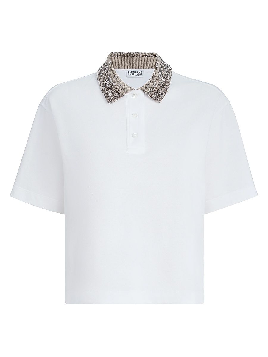 Women's Cotton Jersey Polo Shirt with Dazzling Knit Collar - White - Size XXXXL