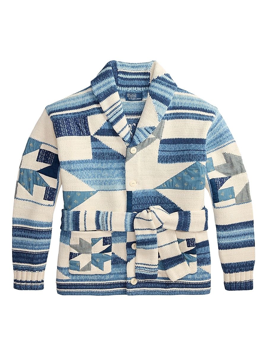 Men's Quilted Patchwork Tie-Waist Cotton-Linen Cardigan - Cream Blue Combo - Size XXL