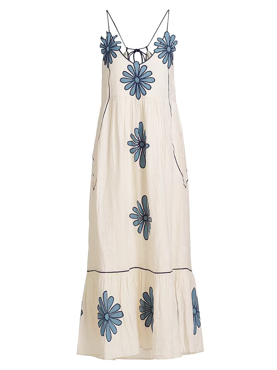 Women's Carmen Linen Daisy Maxi Dress - Ivory Flowers - Size Large