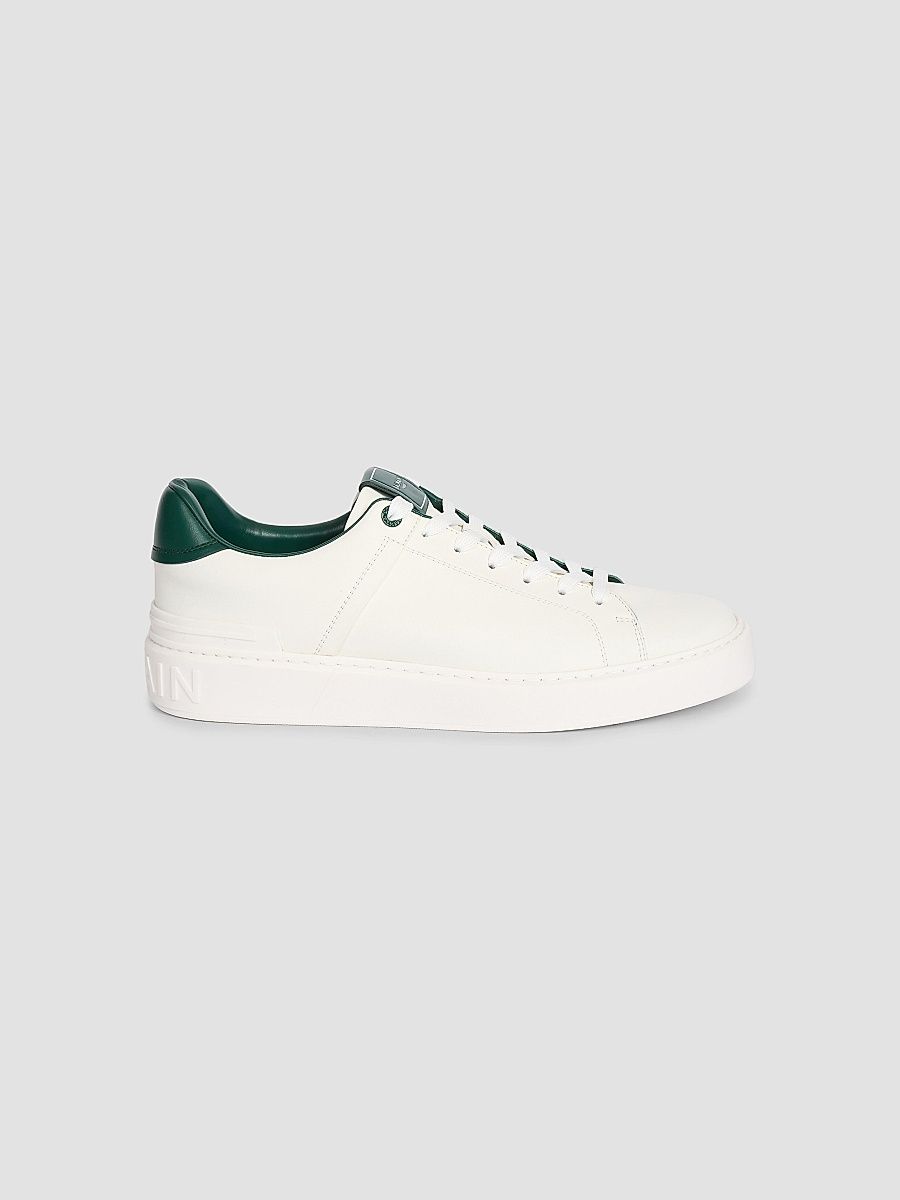 Balmain Men's Court Leather Low Sneakers - Blanc Vert Boute - Size 14