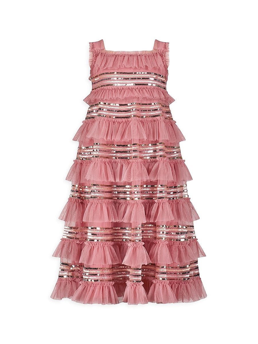 Little Girl's & Girl's Mesh Micro Ruffle Sequined Dress - Rose - Size 12