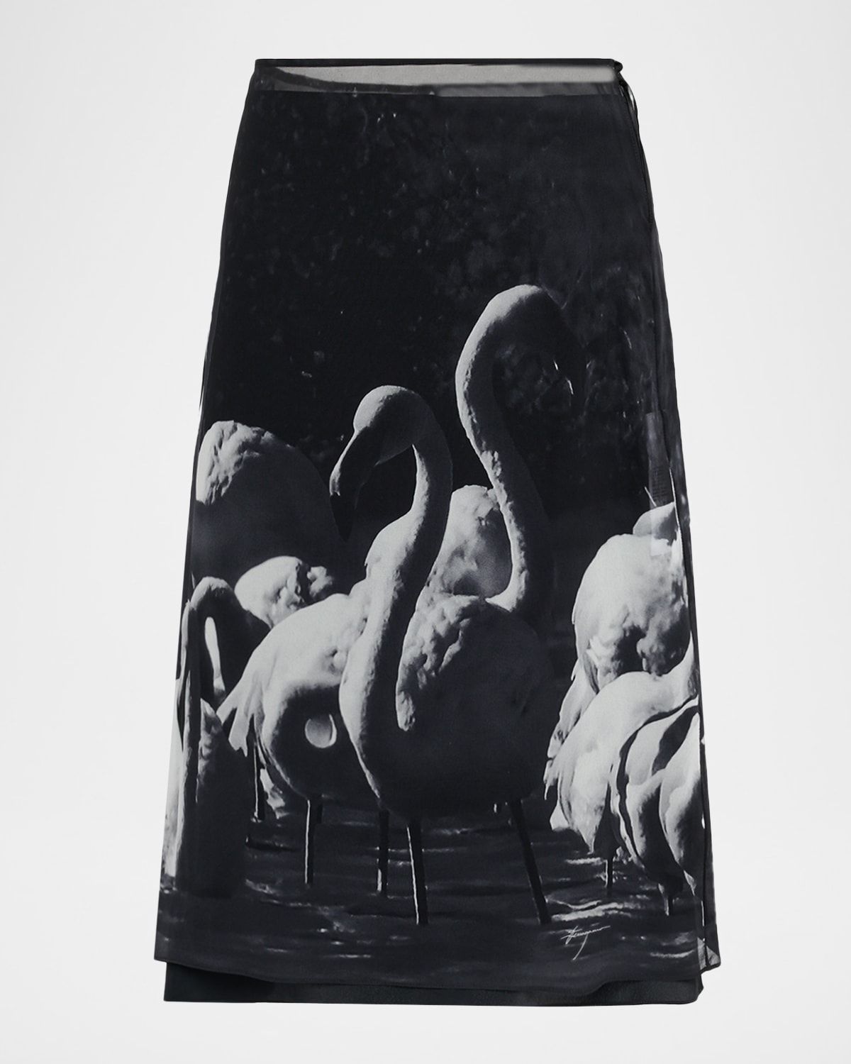 Flamingo-Print Silk Midi Skirt