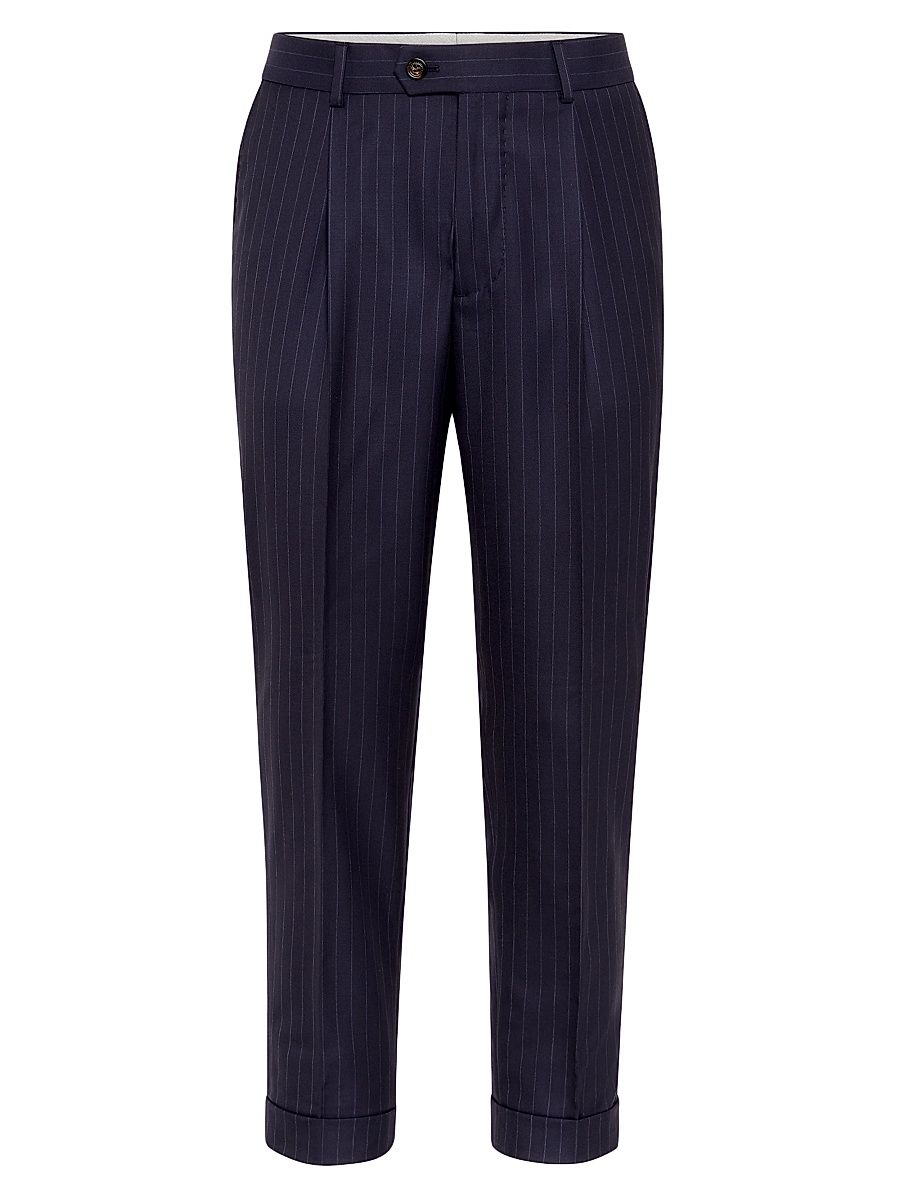 Men's Virgin Wool Chalk Stripe Batavia Leisure Fit Trousers With Pleat - Navy Blue - Size 40