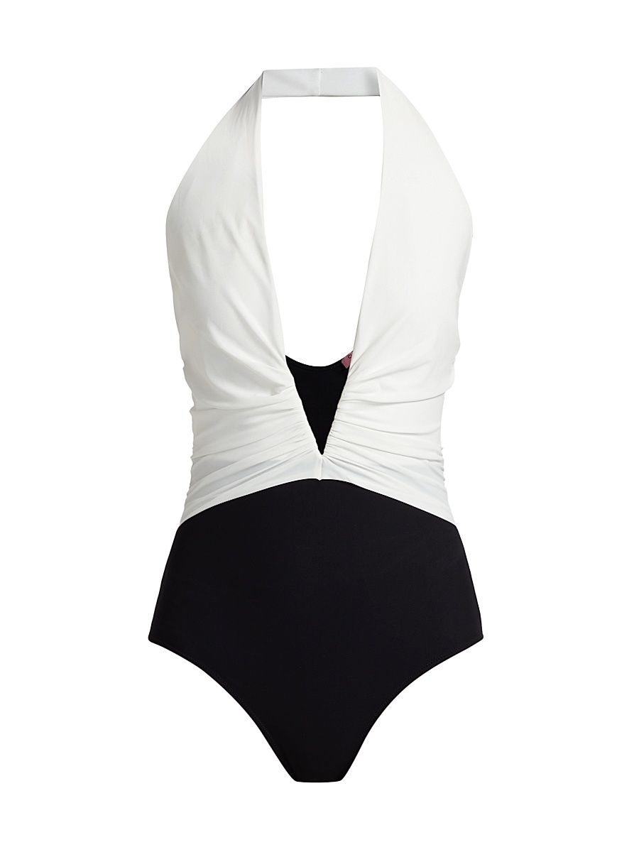 Women's Meiji Ruched Colorblocked One-Piece Swimsuit - Black White - Size 2