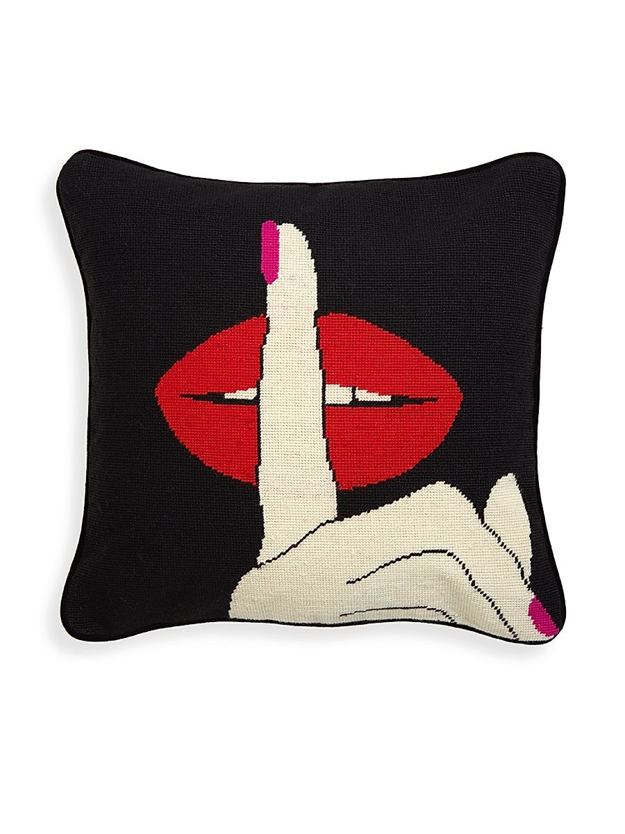 Jonathan Adler Lips Hush Needlepoint Throw Pillow - Black
