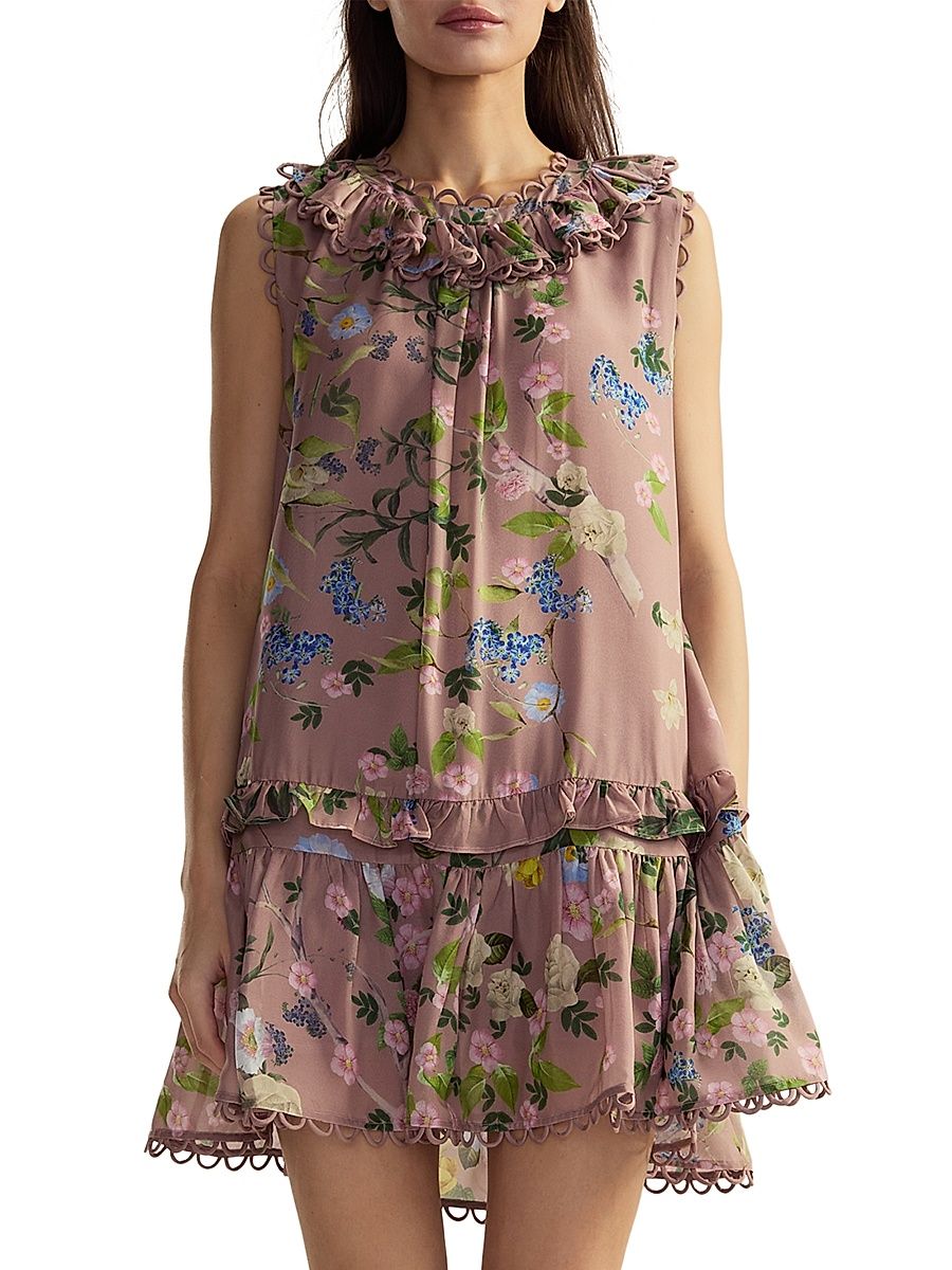 Women's Floral Silk Ruffled Shift Minidress - Mauve Floral - Size Small
