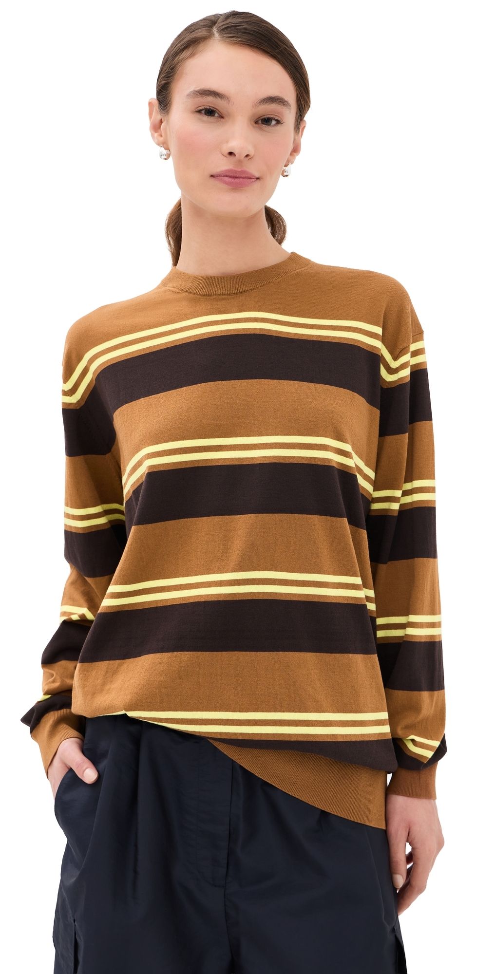 Tibi Super Fine Gauge Striped Perfect Pullover Brown Multi M