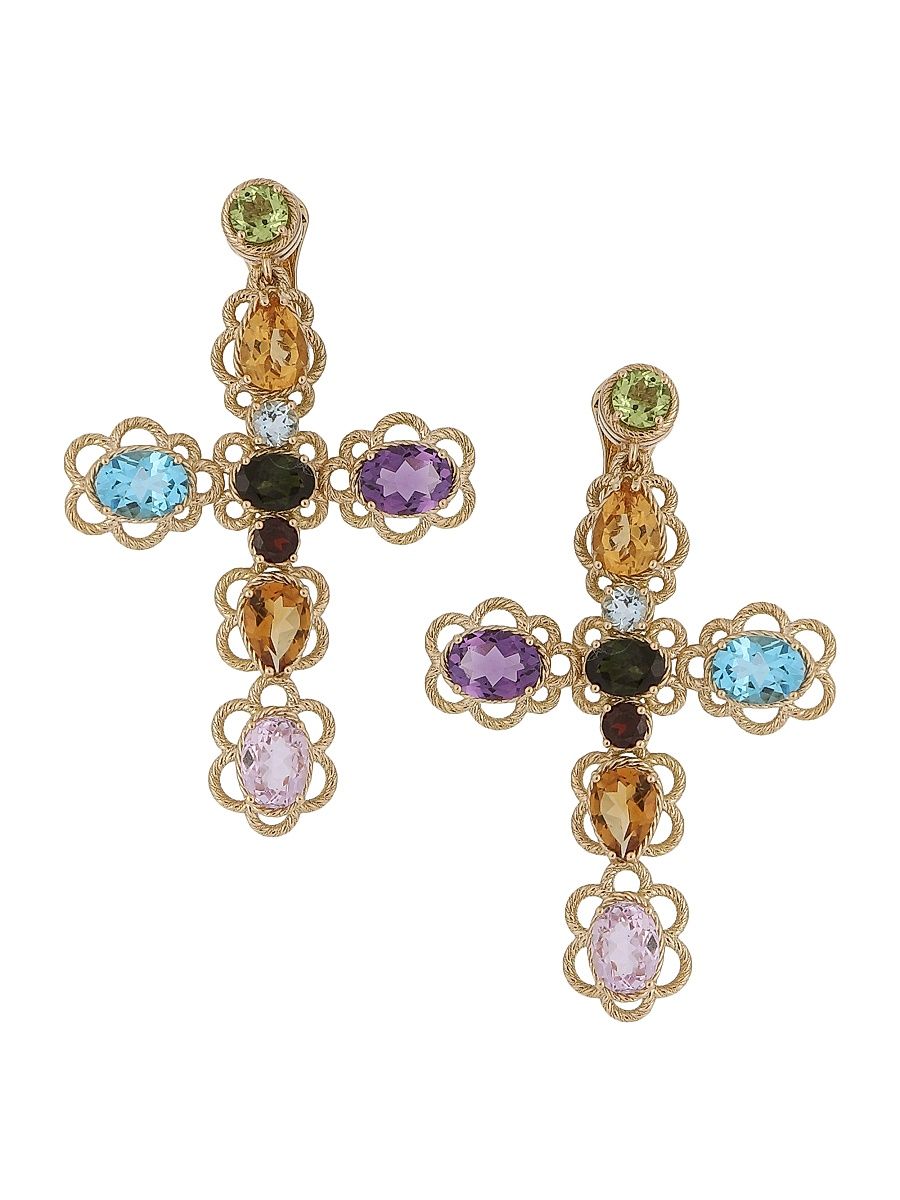 Women's 18K Yellow Gold & Semi-Precious Multi-Gemstone Cross Drop Earrings - Yellow Gold