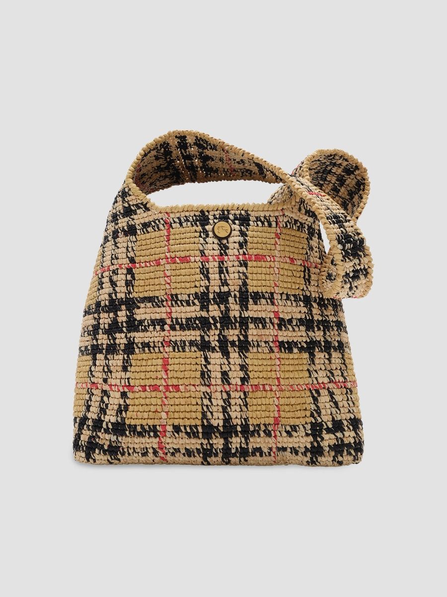 Burberry Women's Margate Small Checked Raffia & Leather Shoulder Bag - Sand