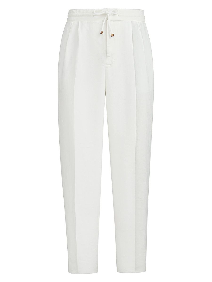 Men's Trousers in Linen Gabardine with Drawstring and Double Pleats - White - Size 46