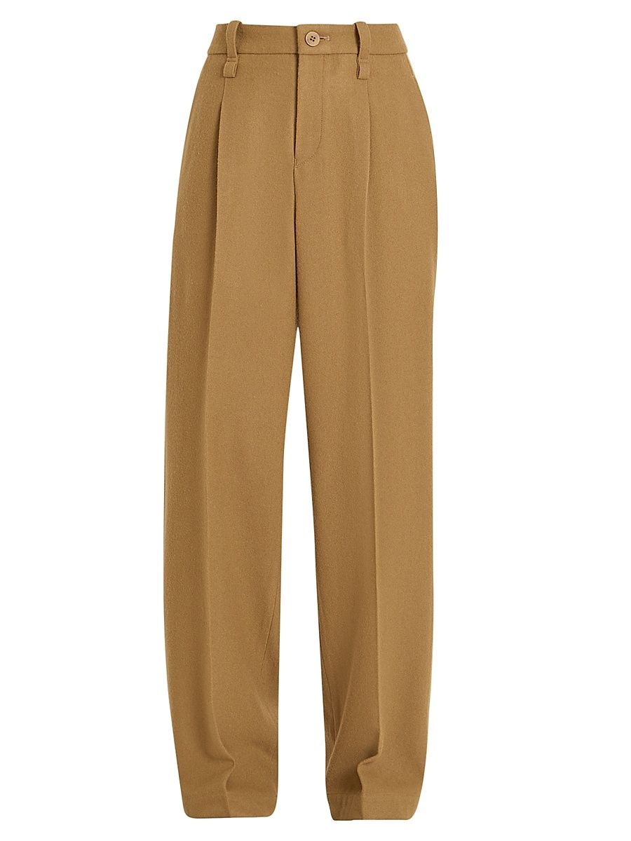 Women's Pleated Wool Tweed Pants - Beige - Size Medium