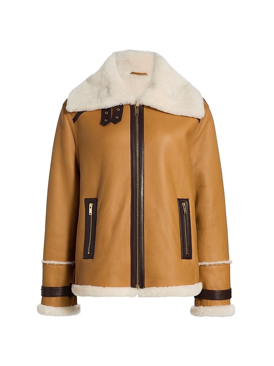 Women's Minna Leather & Shearling Jacket - Caramel - Size XL