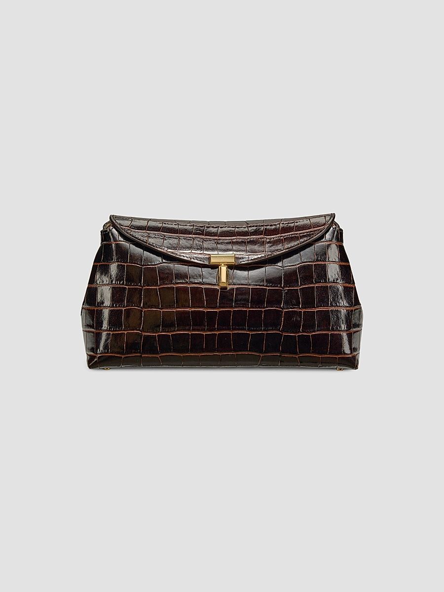 Women's T-Lock Crocodile-Embossed Leather Clutch - Dark Brown
