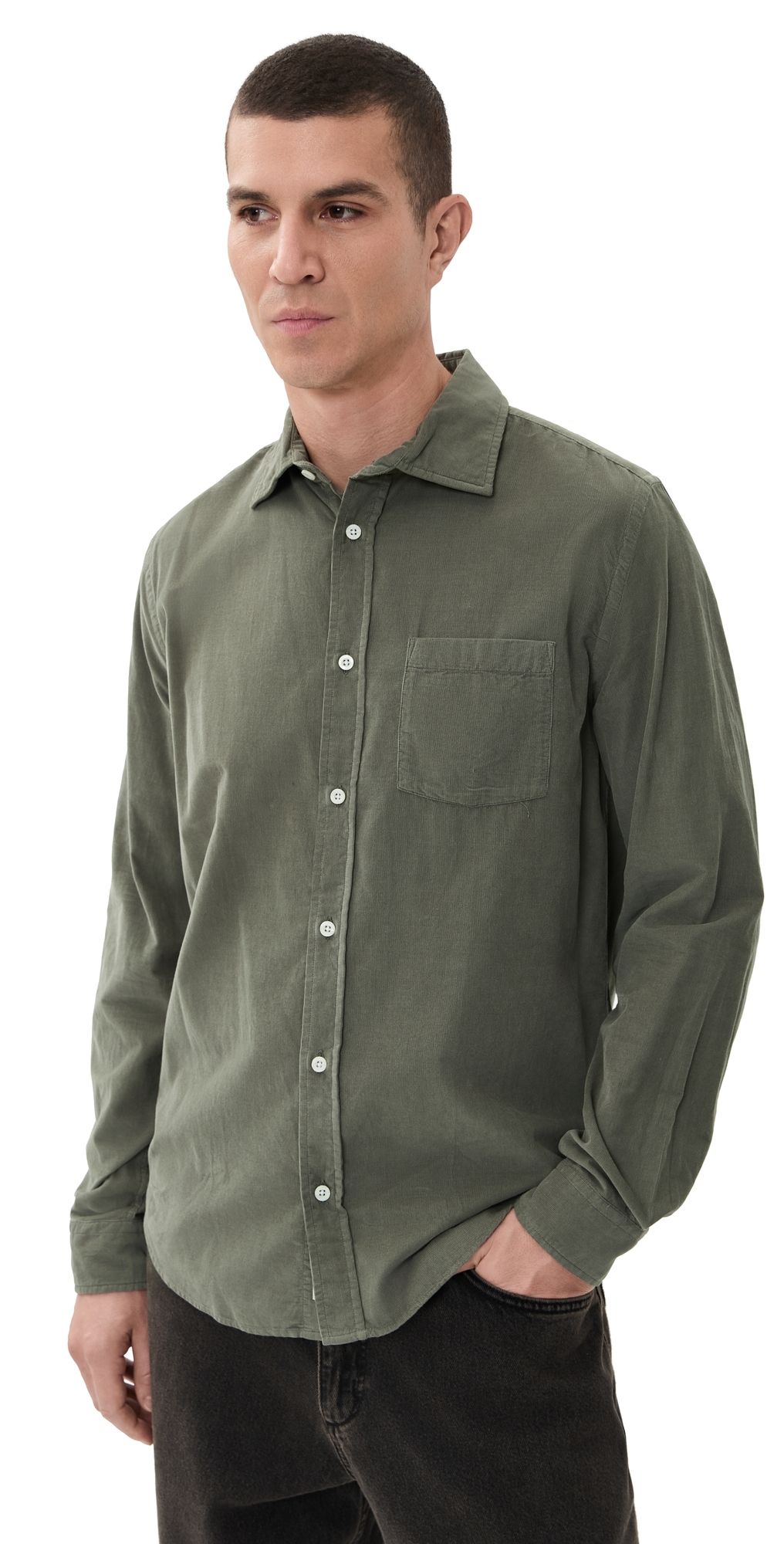 Onia Micro Corduroy Long Sleeve Button Down Dark Sage L