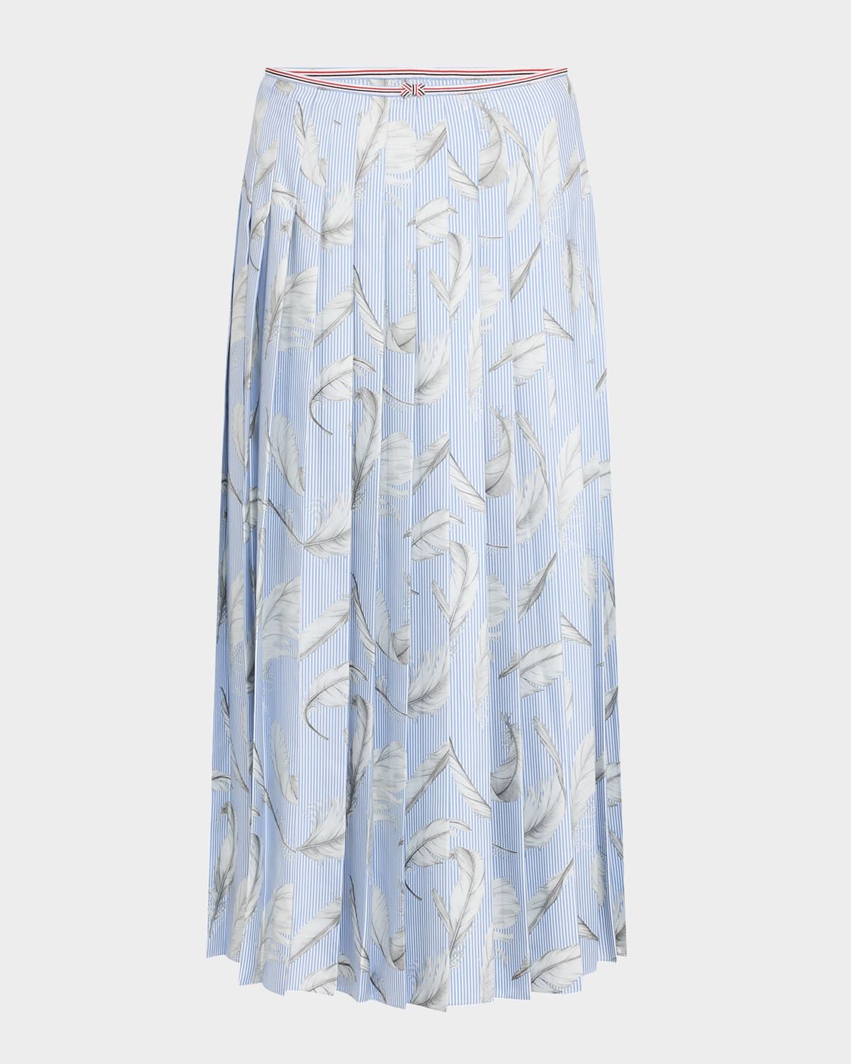 Feather-Print Silk Twill Pleated Midi Skirt