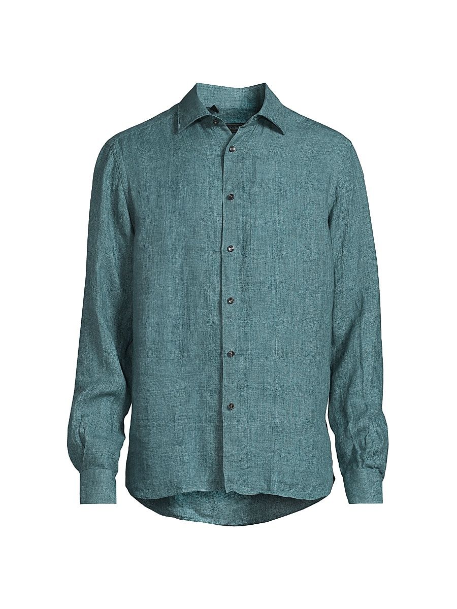 Men's COLLECTION Linen Button-Front Shirt - Teal - Size Medium