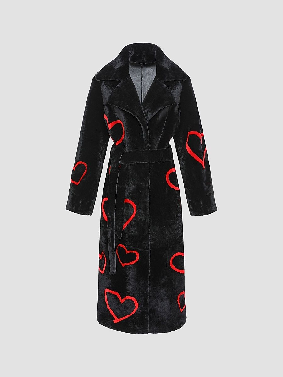 Women's Reversible Shearling Lamb Coat with Heart Intarsia - Black Red - Size Small