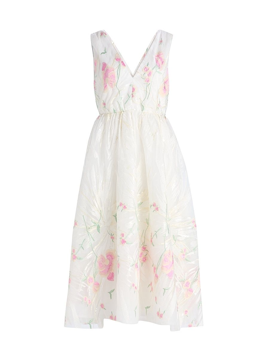 Women's Tinsley Embroidered V-Neck Midi-Dress - White Multi - Size 8