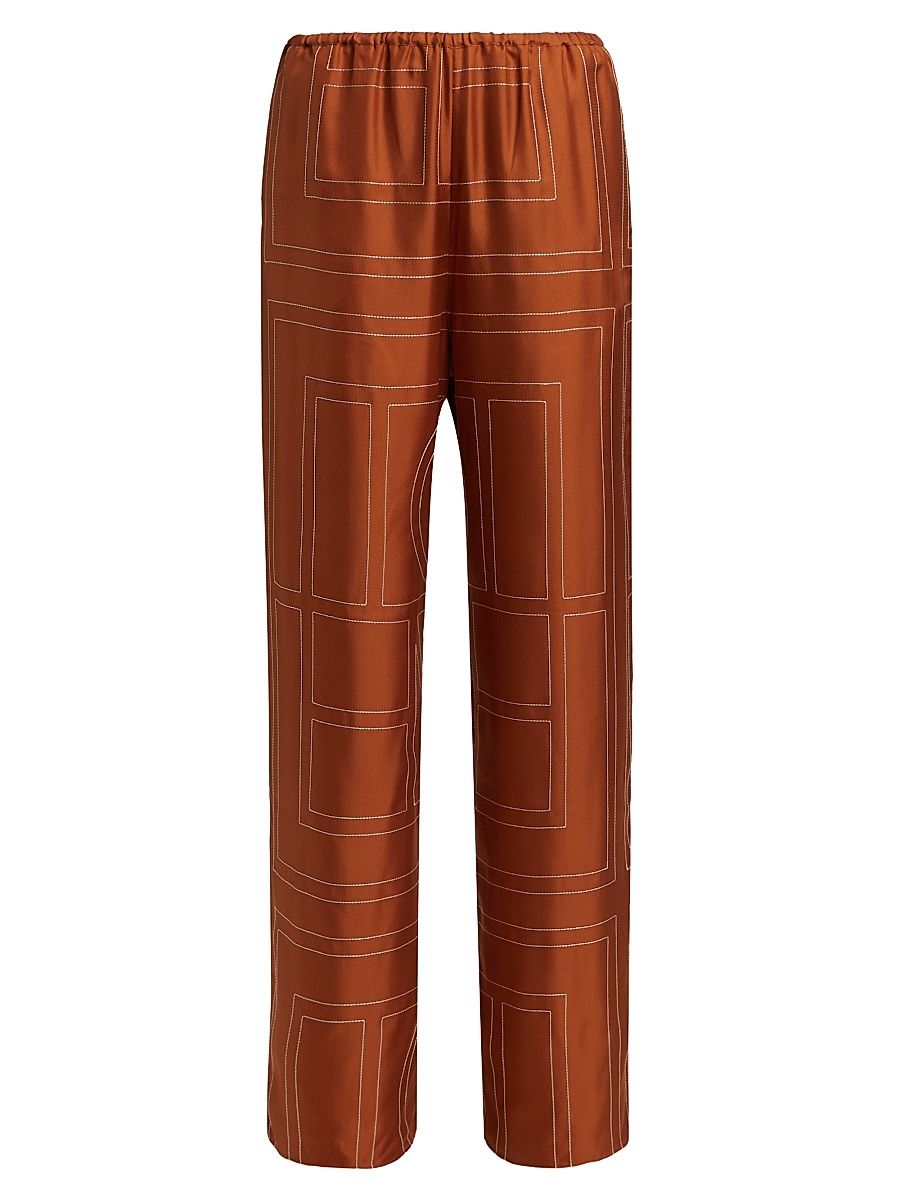 Women's Embroidered Silk Pajama-Inspired Pants - Terracotta - Size 8