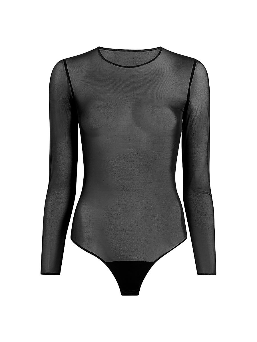 Women's Chic Mesh Long-Sleeve Bodysuit - Black - Size Large