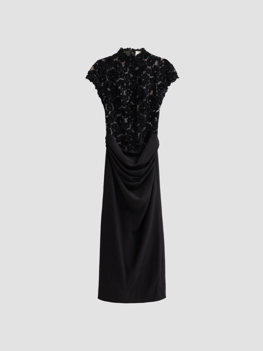 Lela Rose Women's Embroidered Chenille Tulle Draped Midi Dress - Black - Size 0