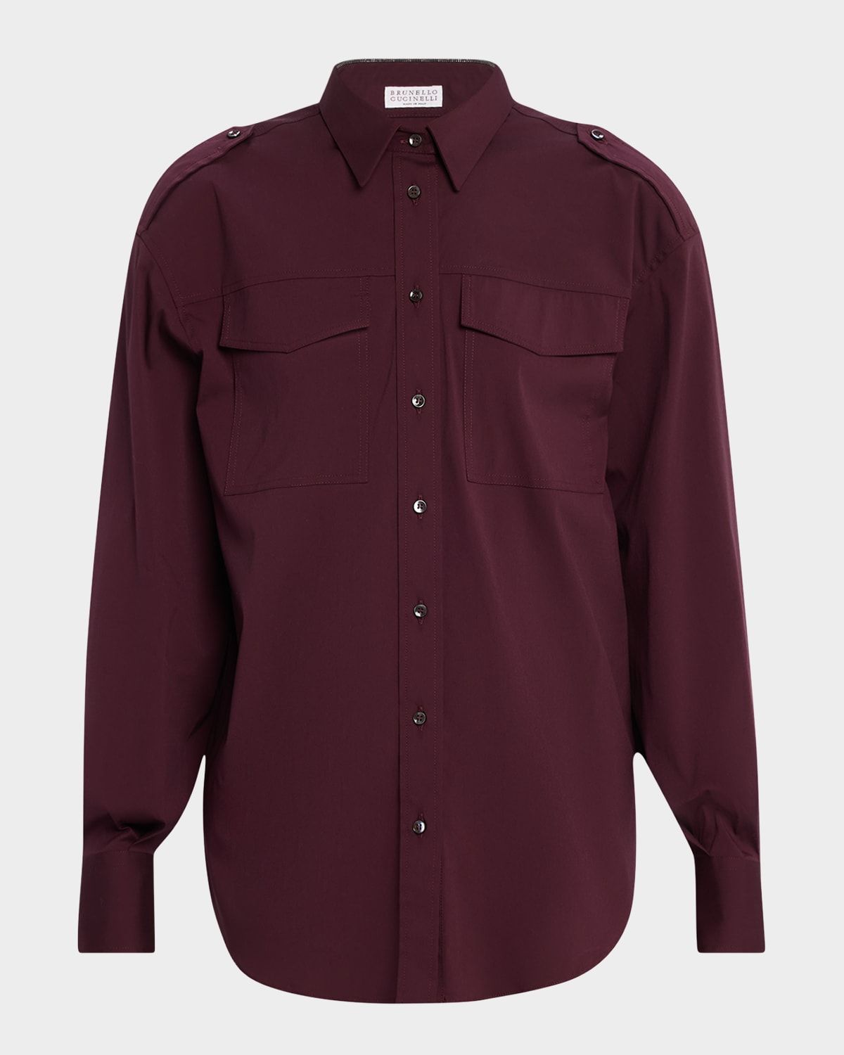 Monili-Collar Cotton Poplin Safari Shirt