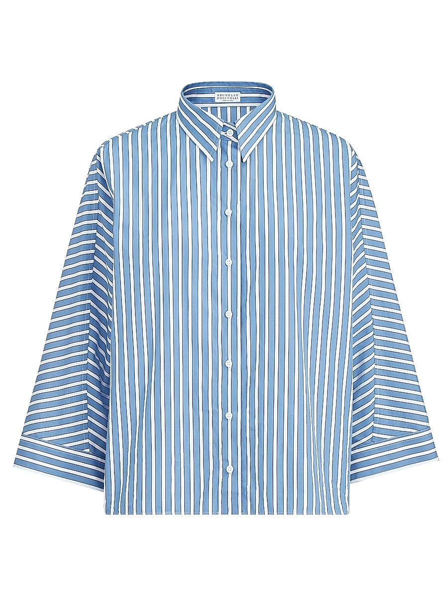 Women's Cotton Shadow Stripe Poplin Shirt with Monili - Azure - Size XXS