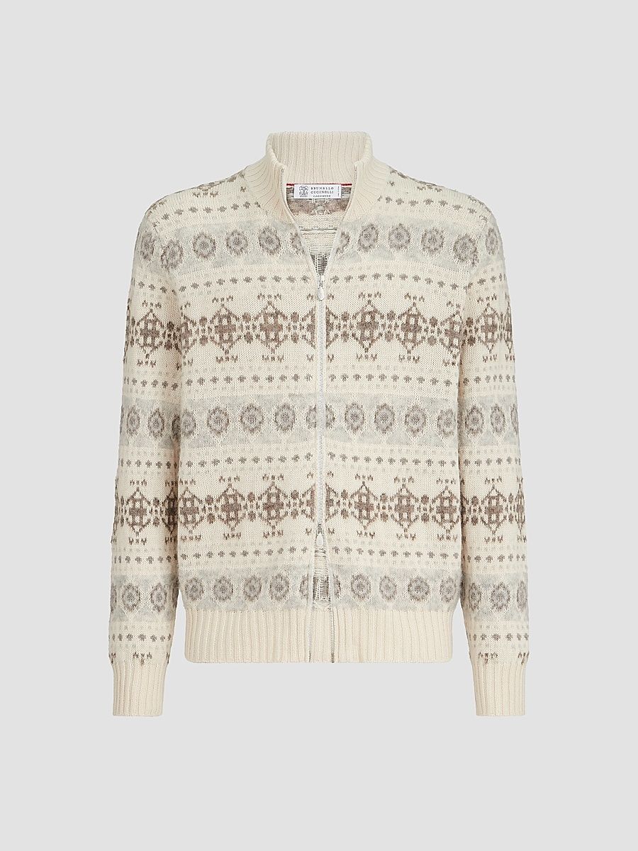 Men's Cashmere Jacquard High-Neck Cardigan with Zipper - Stone Grey - Size 36