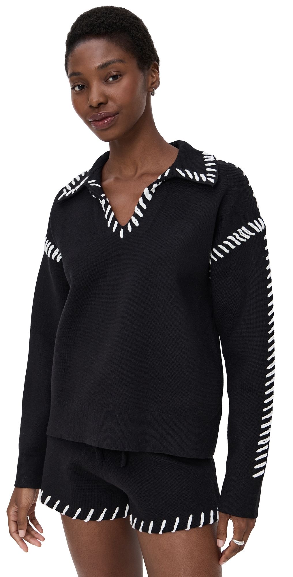 English Factory Stitch Detail Knit Collar Top Black/White L