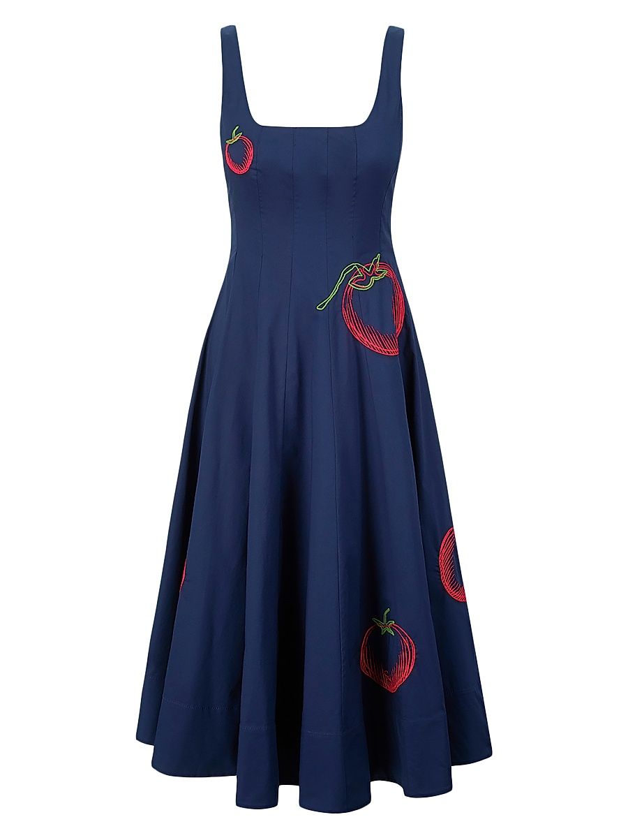 Women's Wells Embroidered Cotton Poplin Fit & Flare Midi-Dress - Navy Roma - Size 14