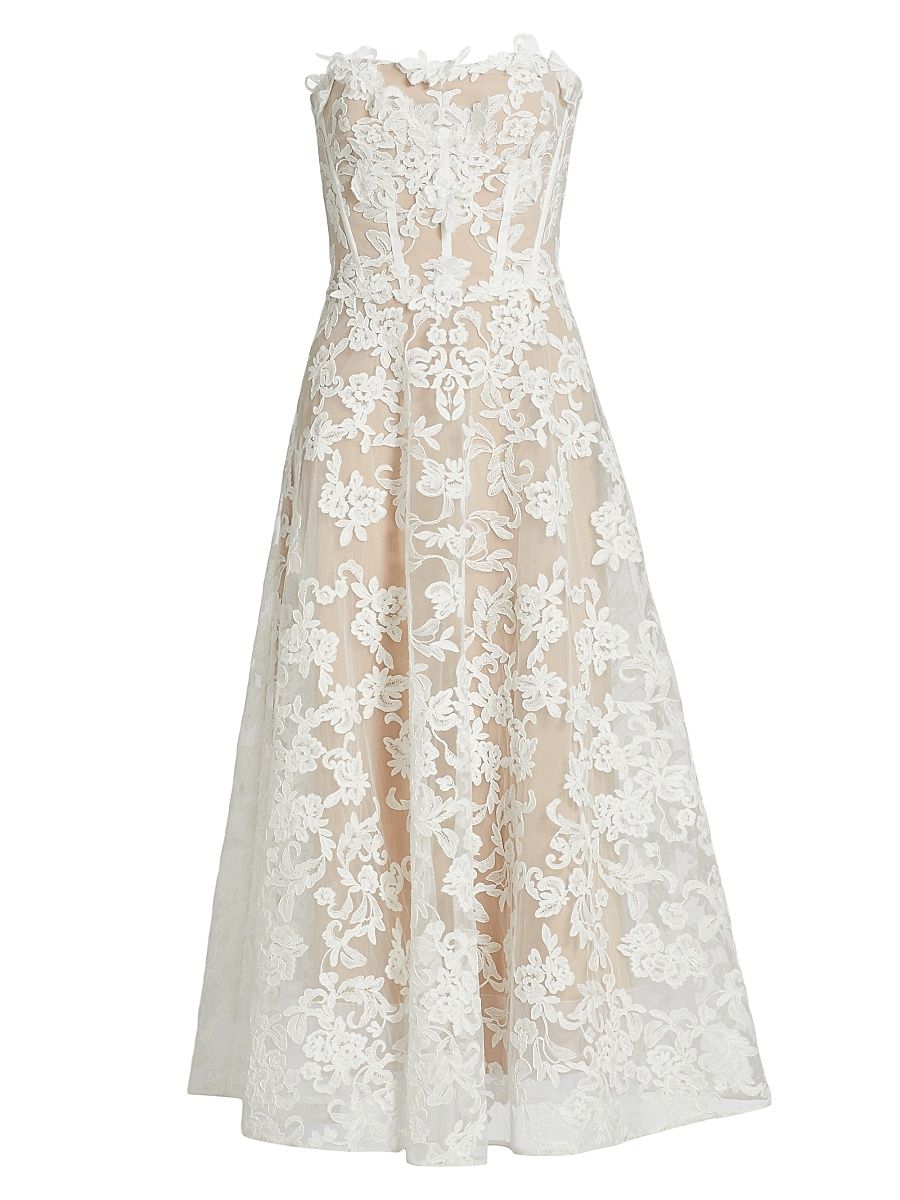 Women's Appliqué Lace Strapless A-Line Midi-Dress - Ivory - Size 16