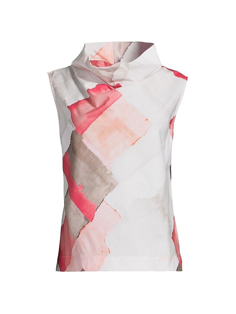 Women's Printed Cototn Funnel Neck Top - Coral Combo - Size Medium
