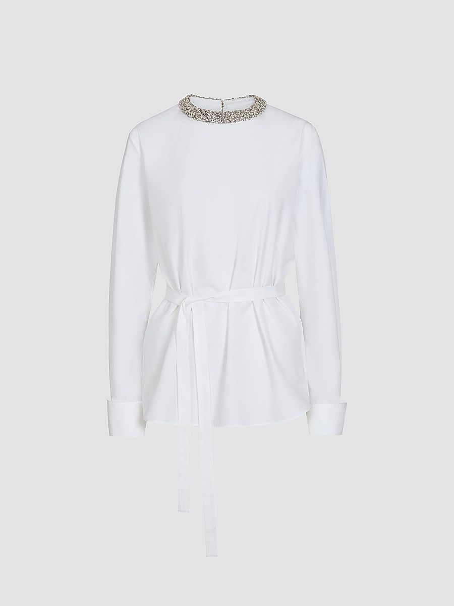 Women's Crystal-Embellished Tie-Waist Top - White - Size Large