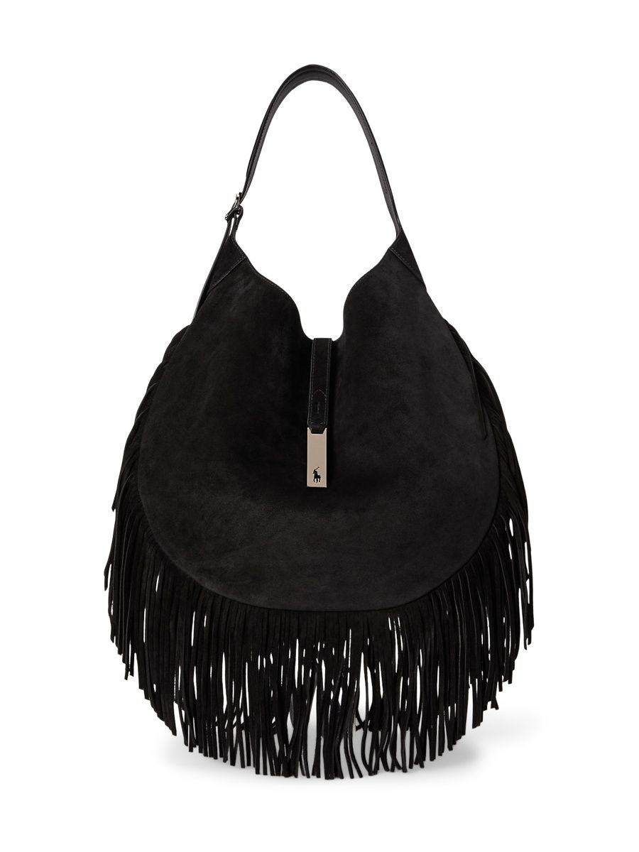Polo Ralph Lauren Women's Large Polo ID Fringed Suede Shoulder Bag - Black