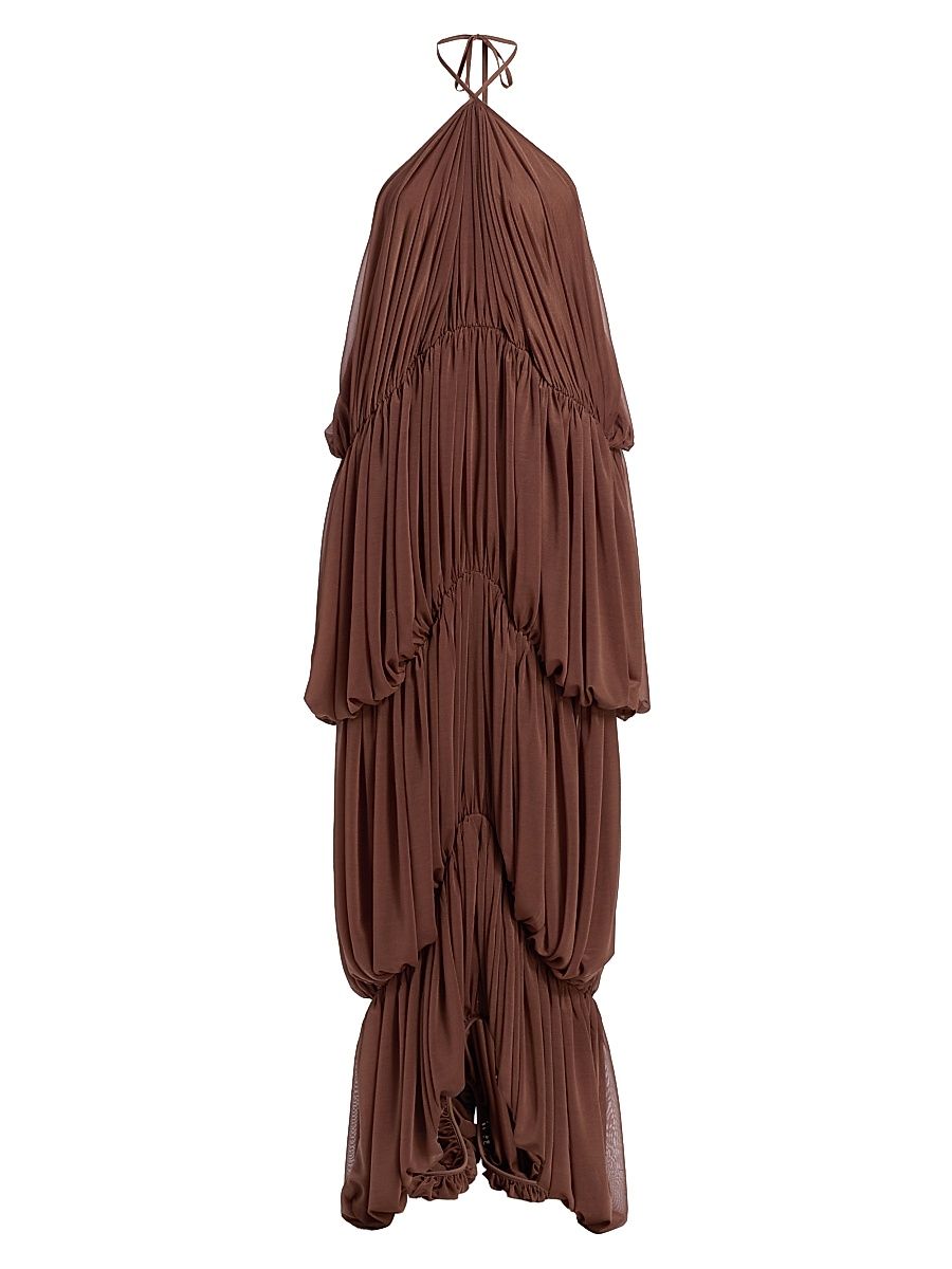 Women's Bia Pleated Tiered Balloon Halterneck Maxi Dress - Tobacco - Size XS