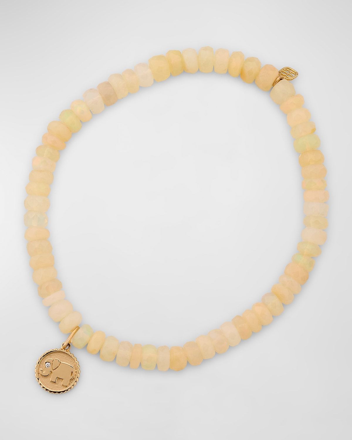 14K Yellow Gold Tiny Elephant Coin Charm on Opal Beaded Bracelet with One Diamond